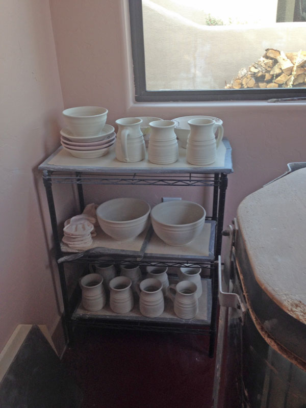 Dry pots waiting to be loaded into the electric kiln for the bisque firing!